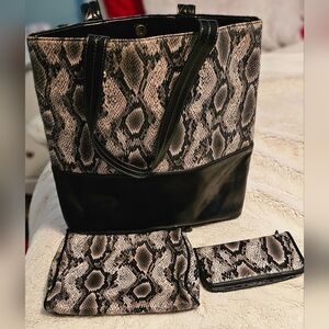 Snake skin tote with matching makeup bag and wallet